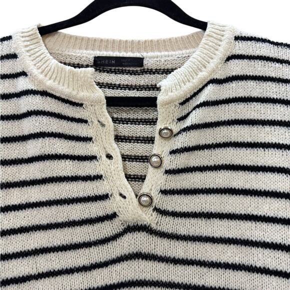 Shein Black White Striped Button Front Sweater Women’s M Soft Knit Pullover - Picture 2 of 6